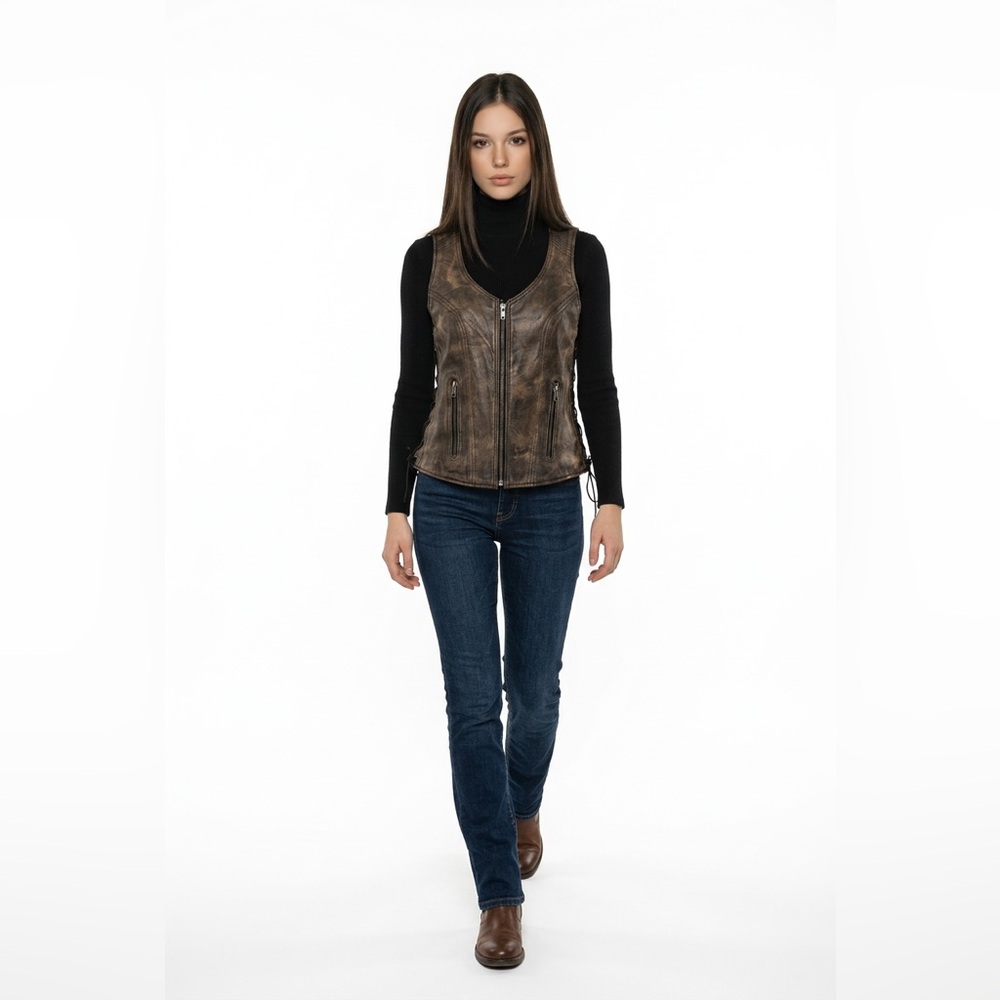 Xelement XS3900 'Bella' Distressed Leather Motorcycle Rider Vest Women Size S